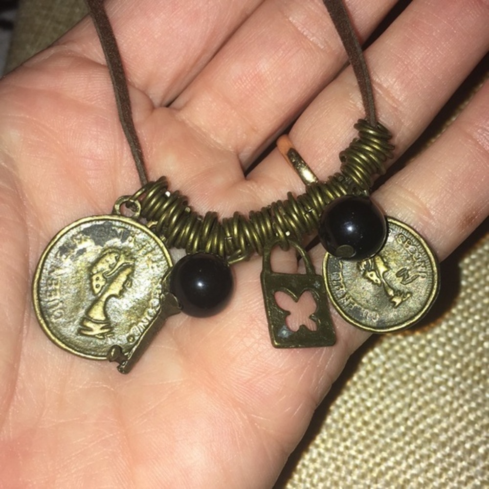 Long bronze coin bead & Charm necklace NWT UNISEX